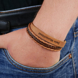 Lederarmband mit Gravur, Echtleder cognac-dunkelbraun kombiniert, Damen- und Herrenarmband - 0