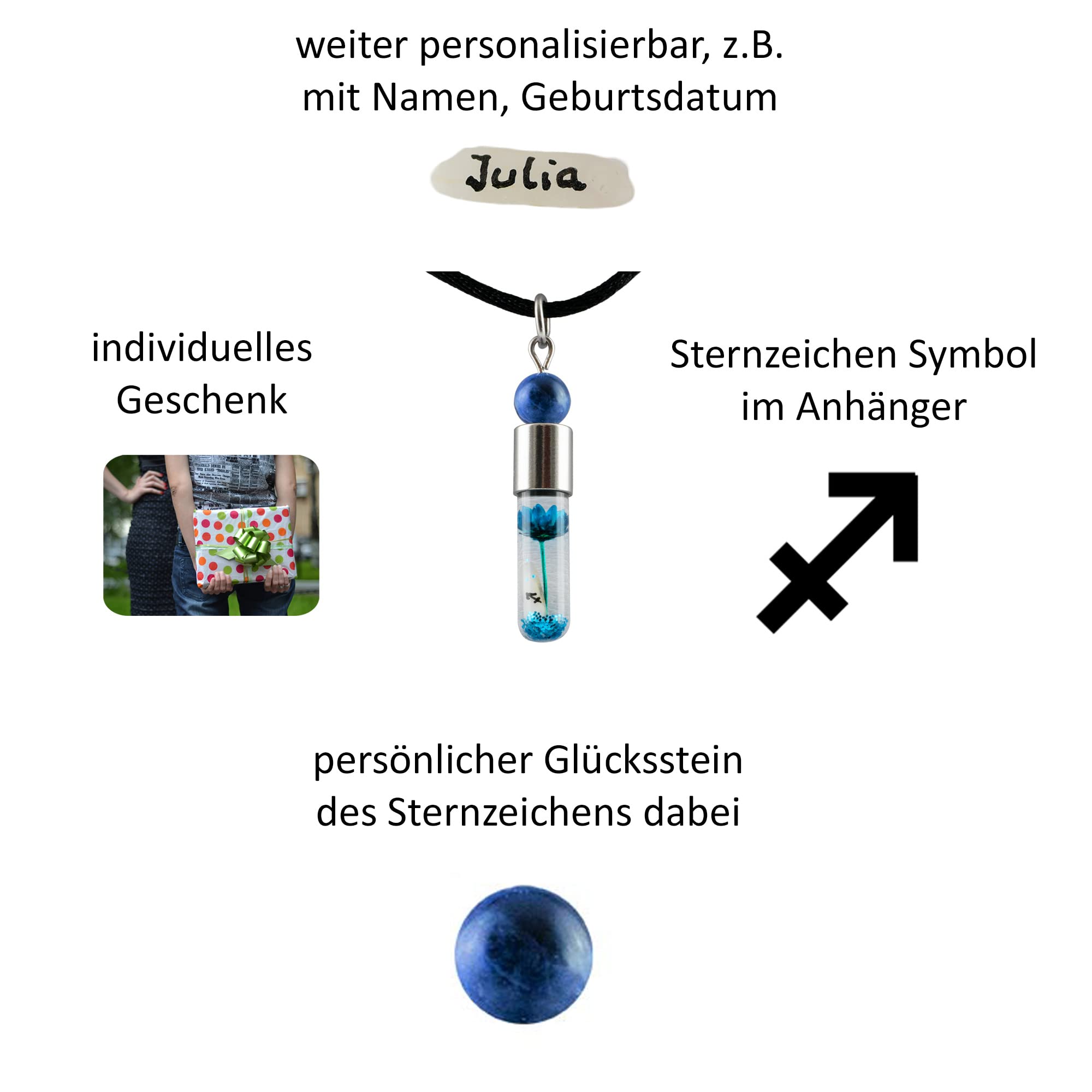 Sternzeichen Schütze, 23. November - 21. Dezember, Halskette mit Glückstein Sodalith und Sternzeichensymbol