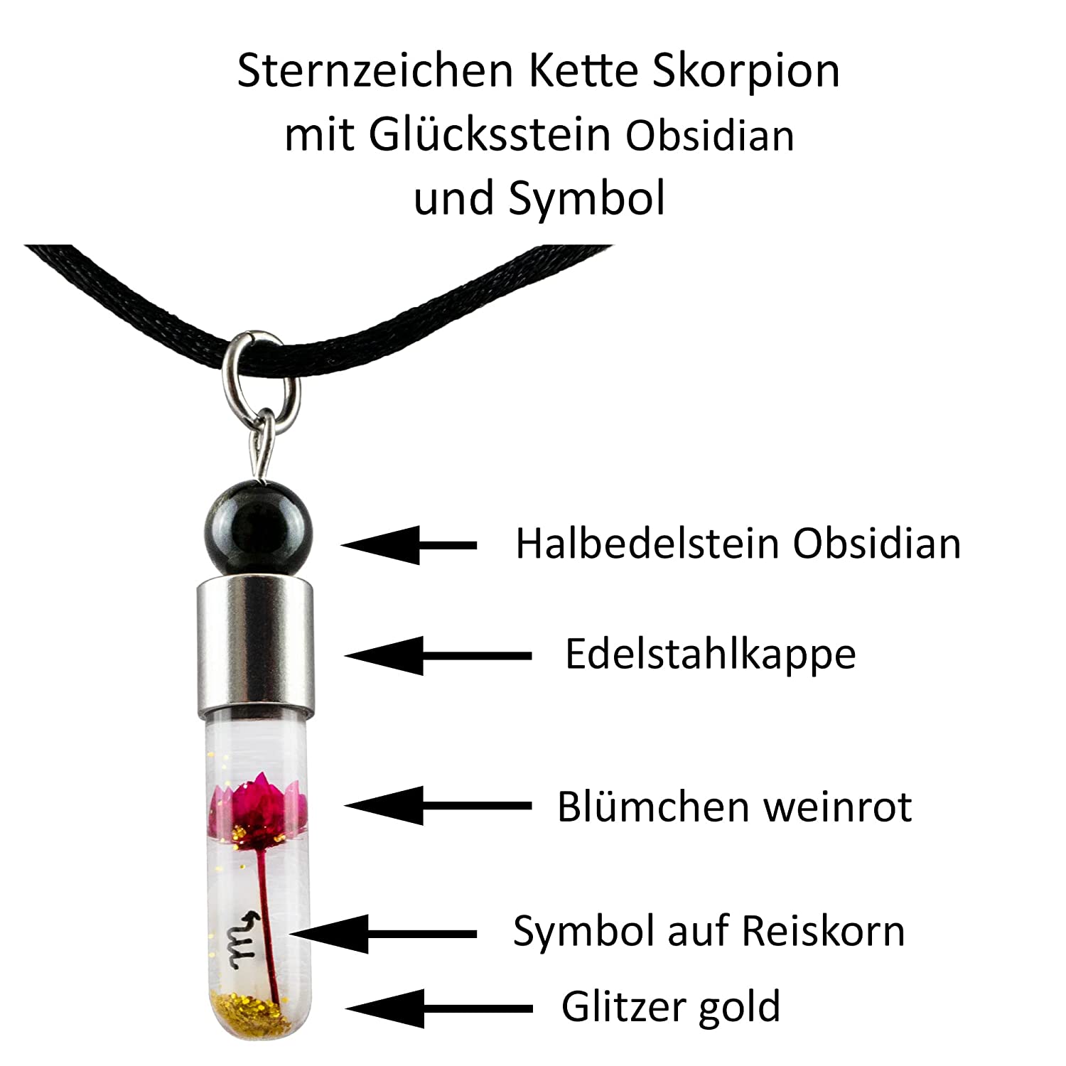 Sternzeichen Skorpion, 24. Oktober - 22. November, Halskette mit Glückstein Obsidian und Sternzeichensymbol