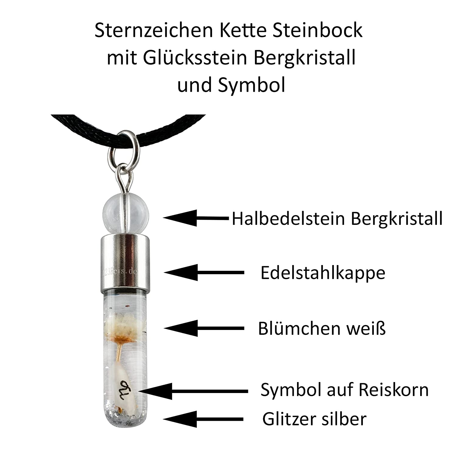 Sternzeichen Steinbock, 22.Dezember - 20. Januar, Halskette mit Glückstein Bergkristall und Sternzeichensymbol