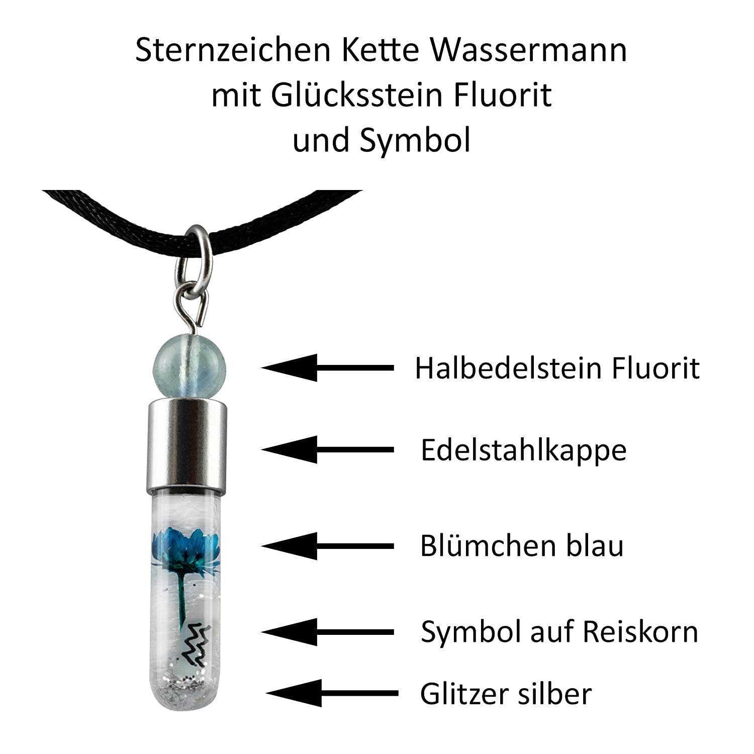 Sternzeichen Wassermann, 21. Januar - 19. Februar, Halskette mit Glücksstein Fluorit und Sternzeichensymbol - 0