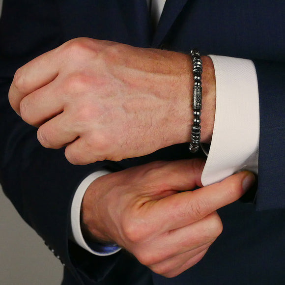 Armband silber-schwarz, Perlen Hämatit, Edelstahlverschluss, glänzend, Herren- und Damenarmband