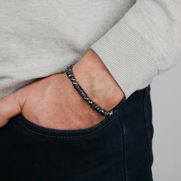 Armband silber-schwarz, Perlen Hämatit, Edelstahlverschluss, glänzend, Herren- und Damenarmband