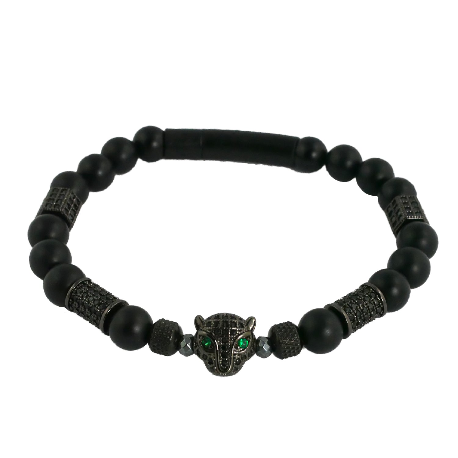 Armband mit Leopardenkopf, schwarz matt, Perlen und Metallelemente, Herren- und Damenarmband