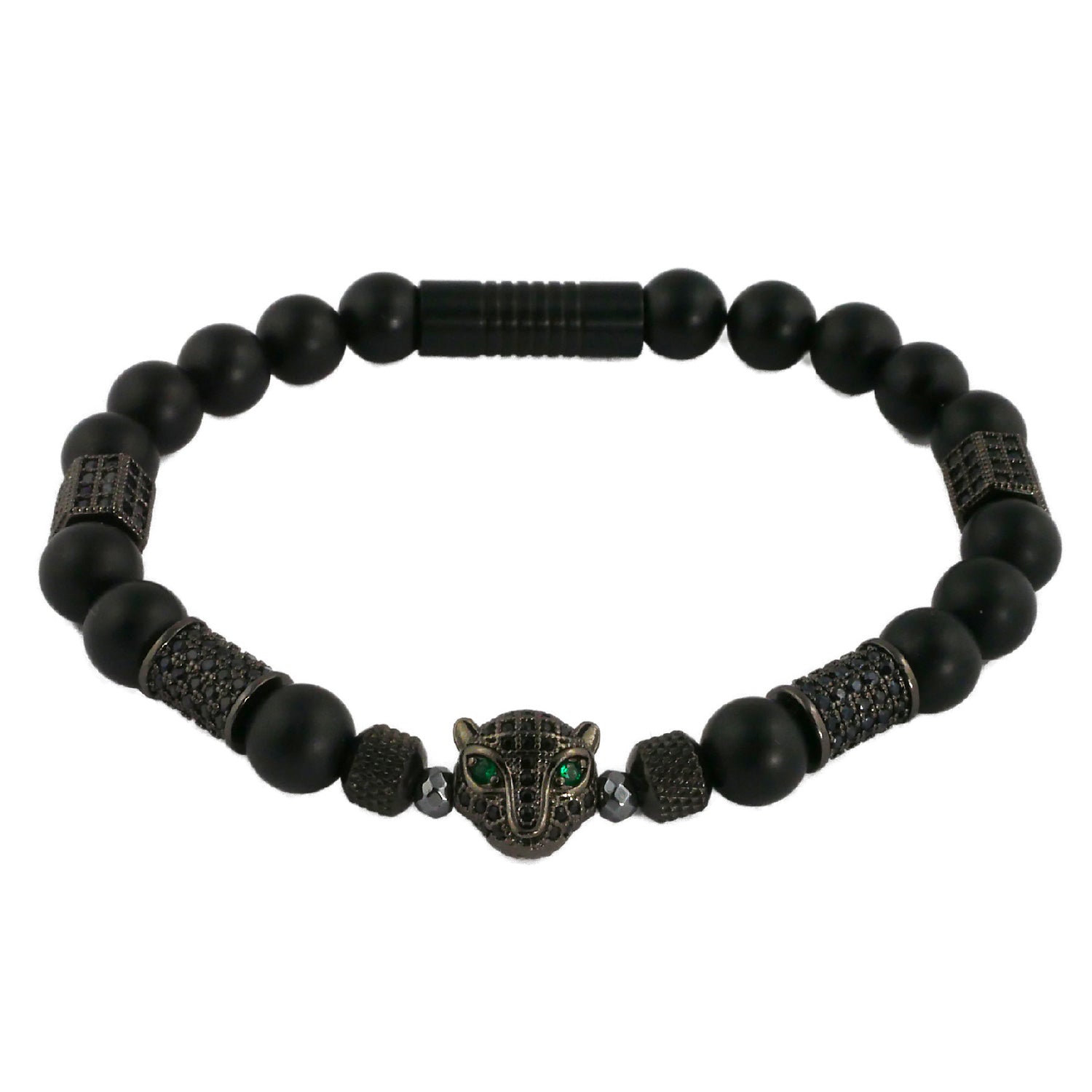 Armband mit Leopardenkopf, schwarz matt, Perlen und Metallelemente, Herren- und Damenarmband