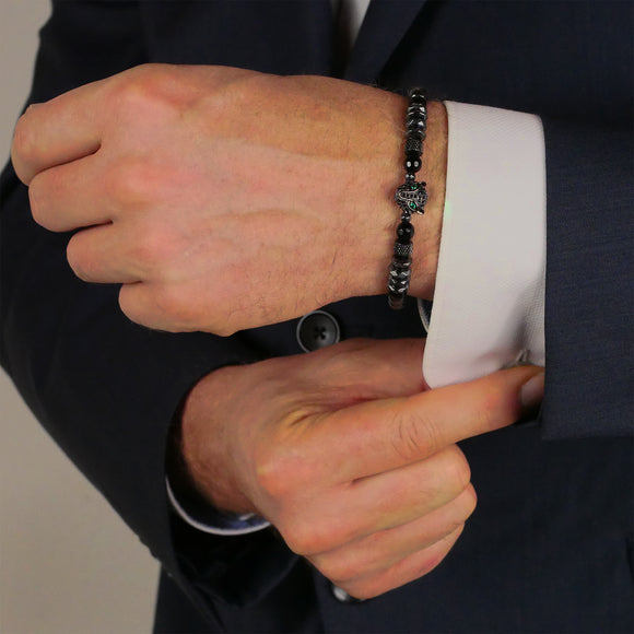 Armband schwarz, Perlen, Leopard, Edelstahlverschluss, Herren- und Damenarmband