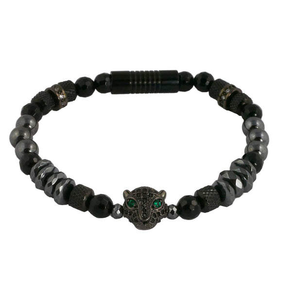 Armband schwarz, Perlen, Leopard, Edelstahlverschluss, Herren- und Damenarmband