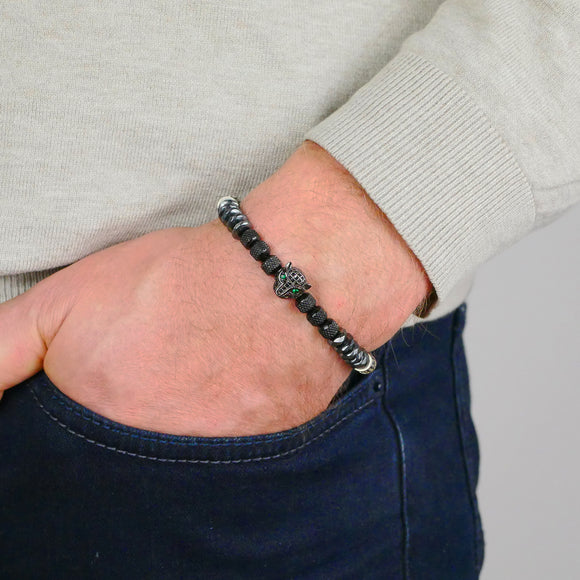 Armband silber schwarz, Hämatit Perlen, Leopardenkopf, Edelstahlverschluss, Herren- und Damenarmband