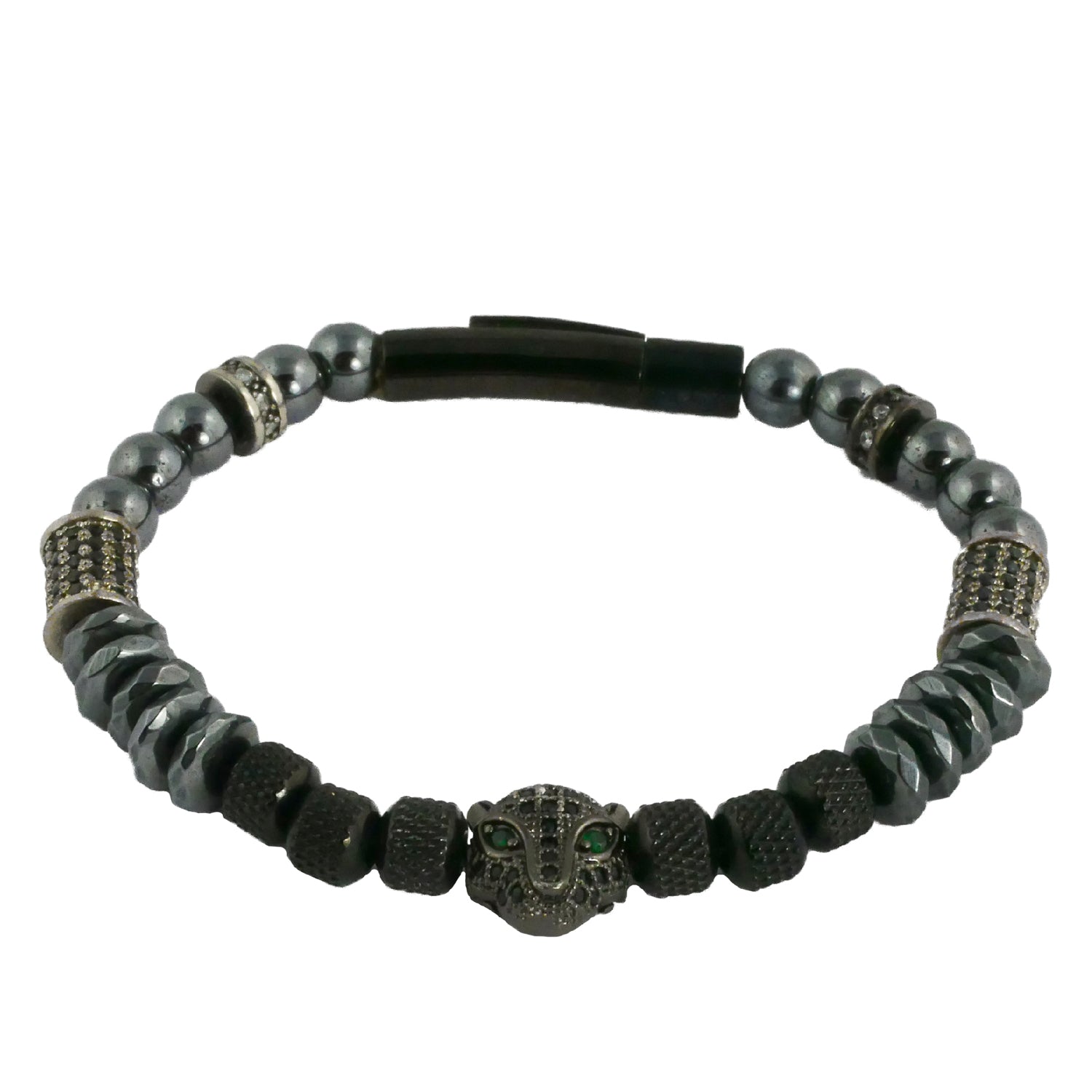 Armband silber schwarz, Hämatit Perlen, Leopardenkopf, Edelstahlverschluss, Herren- und Damenarmband