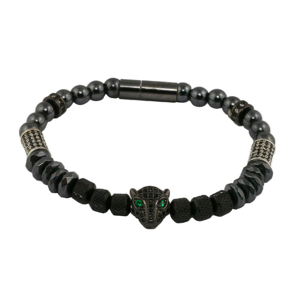 Armband silber schwarz, Hämatit Perlen, Leopardenkopf, Edelstahlverschluss, Herren- und Damenarmband