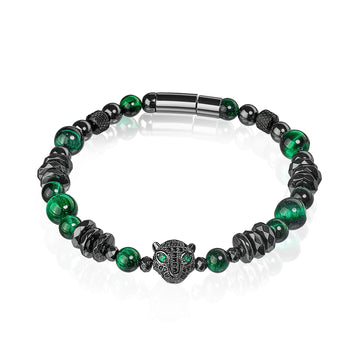 Leoparden Armband mit grünem Tigerauge & Hämatit Perlen, Herren- und Damenarmband