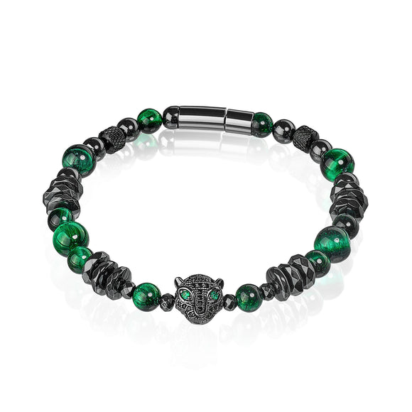 Leoparden Armband mit grünem Tigerauge & Hämatit Perlen, Herren- und Damenarmband