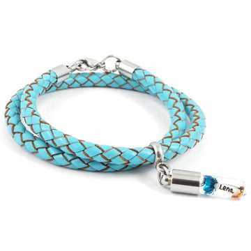 Armband mit Namen, Wickelarmband Leder türkis, mit Anhänger personalisiert