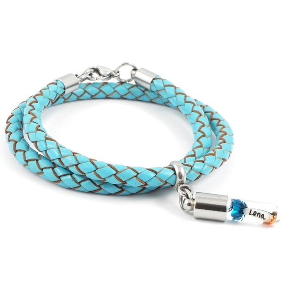 Armband mit Namen, Wickelarmband Leder türkis, mit Anhänger personalisiert