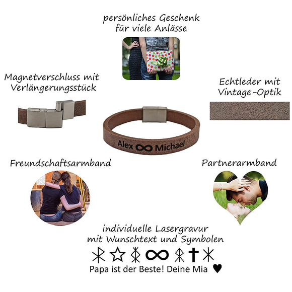 Lederarmband mit Gravur, Leder dunkelbraun, Damen und Herrenarmband