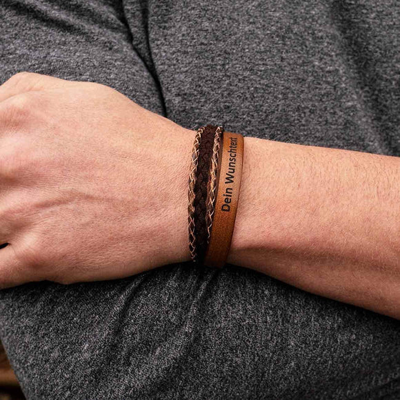 Lederarmband mit Gravur, Leder Cappuccino-Braun kombiniert, Damen und Herrenarmband
