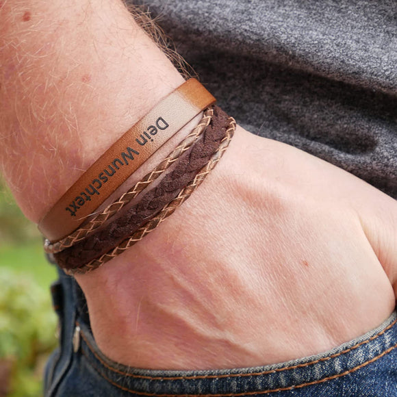 Lederarmband mit Gravur, Leder Cappuccino-Braun kombiniert, Damen und Herrenarmband