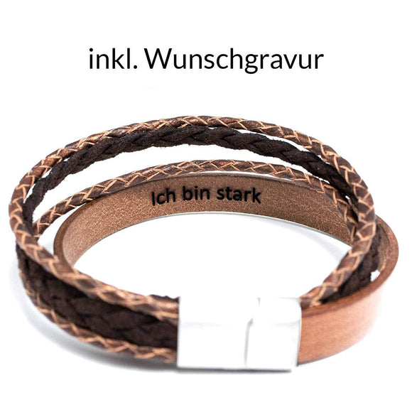 Lederarmband mit Gravur, Leder Cappuccino-Braun kombiniert, Damen und Herrenarmband