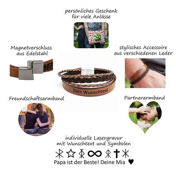Lederarmband mit Gravur, Leder Cappuccino-Braun kombiniert, Damen und Herrenarmband