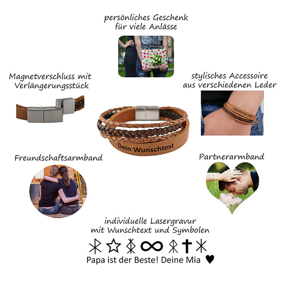 Lederarmband mit Gravur, Echtleder cognac-dunkelbraun kombiniert, Damen- und Herrenarmband