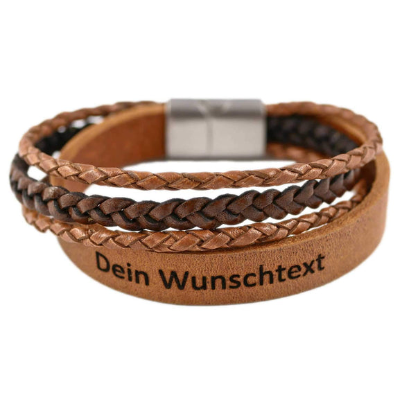 Lederarmband mit Gravur, Echtleder cognac-dunkelbraun kombiniert, Damen- und Herrenarmband