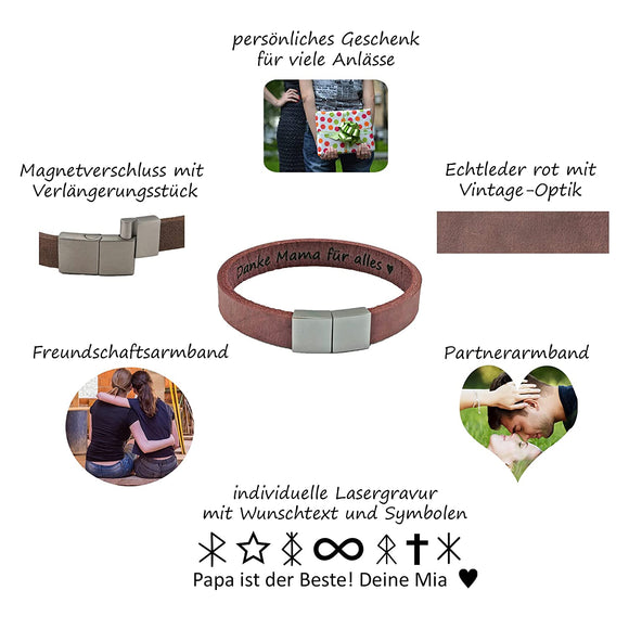 Lederarmband mit Gravur, Leder rot, Damenarmband