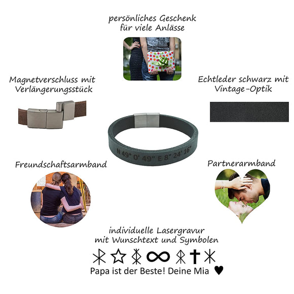 Lederarmband mit Gravur, Leder schwarz, Damen- und Herrenarmband