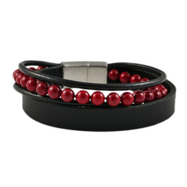 Lederarmband mit Gravur, Leder schwarz mit roten Perlen