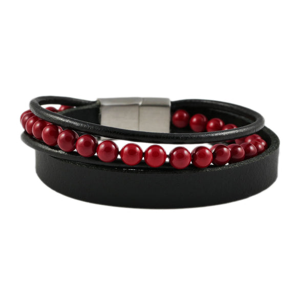 Lederarmband mit Gravur, Leder schwarz mit roten Perlen