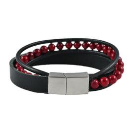 Lederarmband mit Gravur, Leder schwarz mit roten Perlen - 0