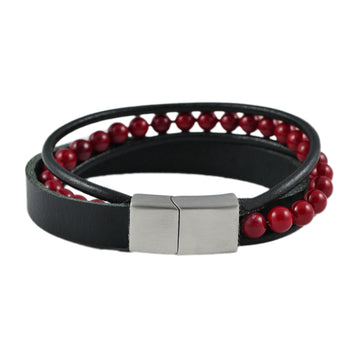 Lederarmband mit Gravur, Leder schwarz mit roten Perlen - 0