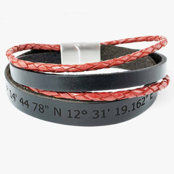 Lederarmband mit Gravur, Echtleder schwarz-rot kombiniert, Damen- und Herrenarmband
