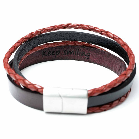 Lederarmband mit Gravur, Echtleder schwarz-rot kombiniert, Damen- und Herrenarmband