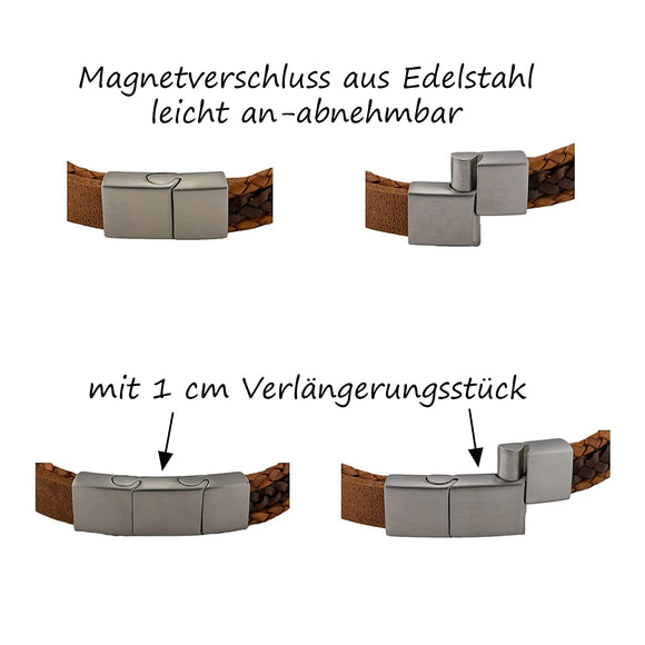 Lederarmband mit Gravur, Echtleder cognac-dunkelbraun kombiniert, Damen- und Herrenarmband