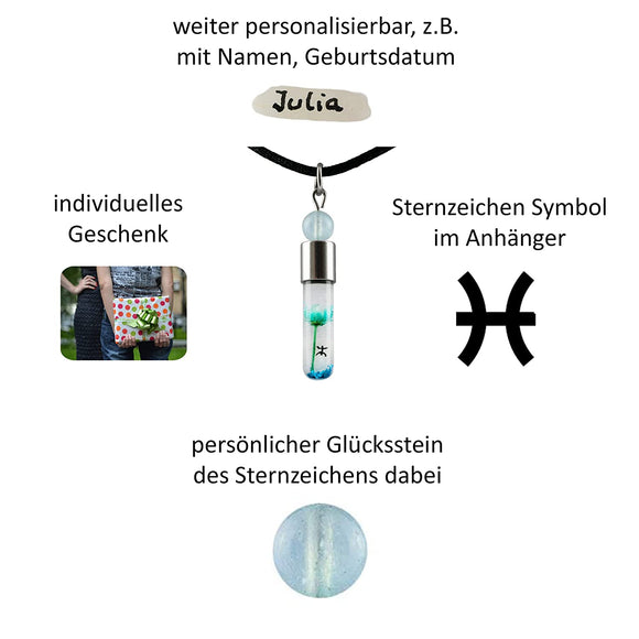 Sternzeichen Fische, 20. Februar - 20. März, Halskette mit Glücksstein Aquamarin und Sternzeichensymbol