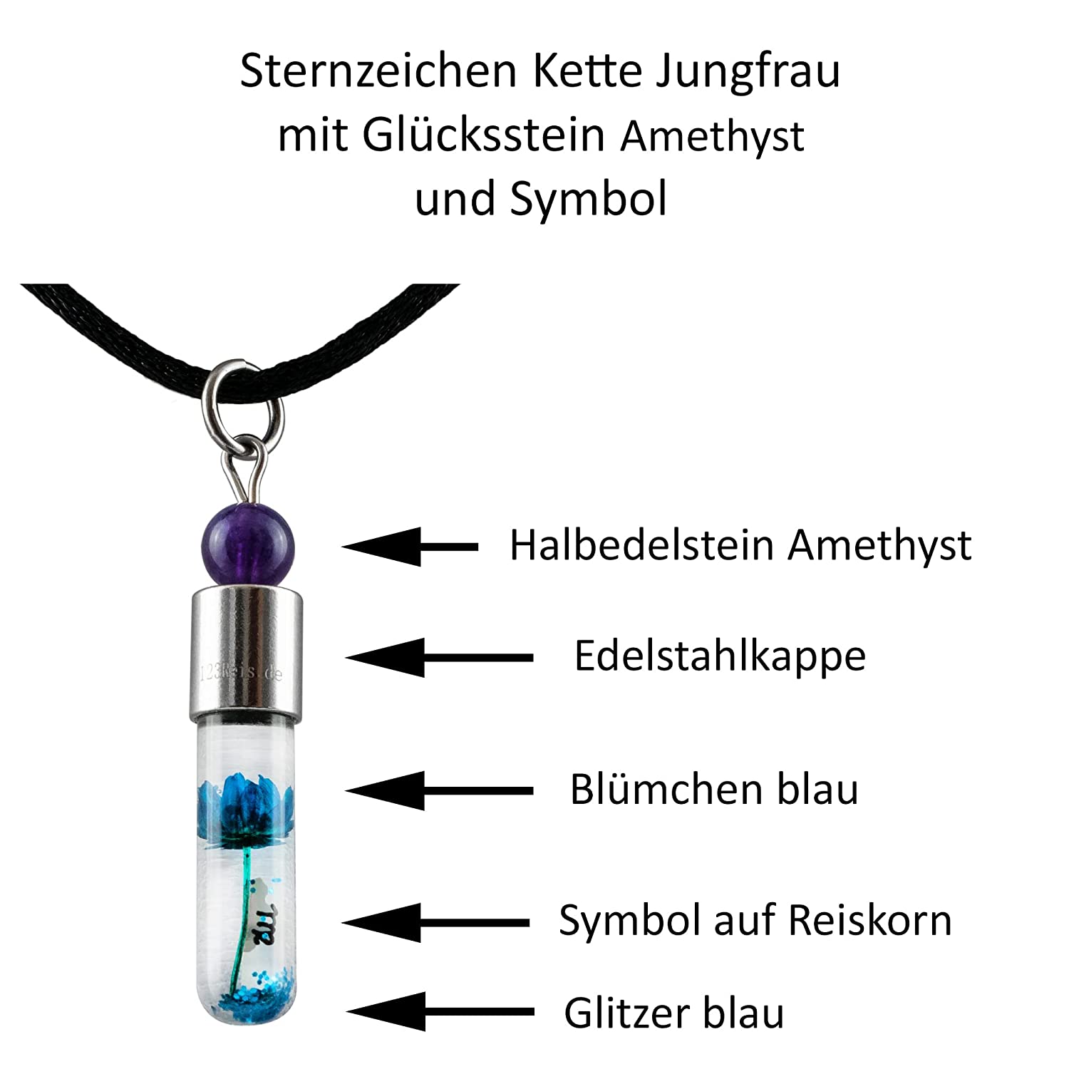 Sternzeichen Jungfrau, 24. August - 23. September, Halskette mit Glückstein Amethyst und Sternzeichensymbol