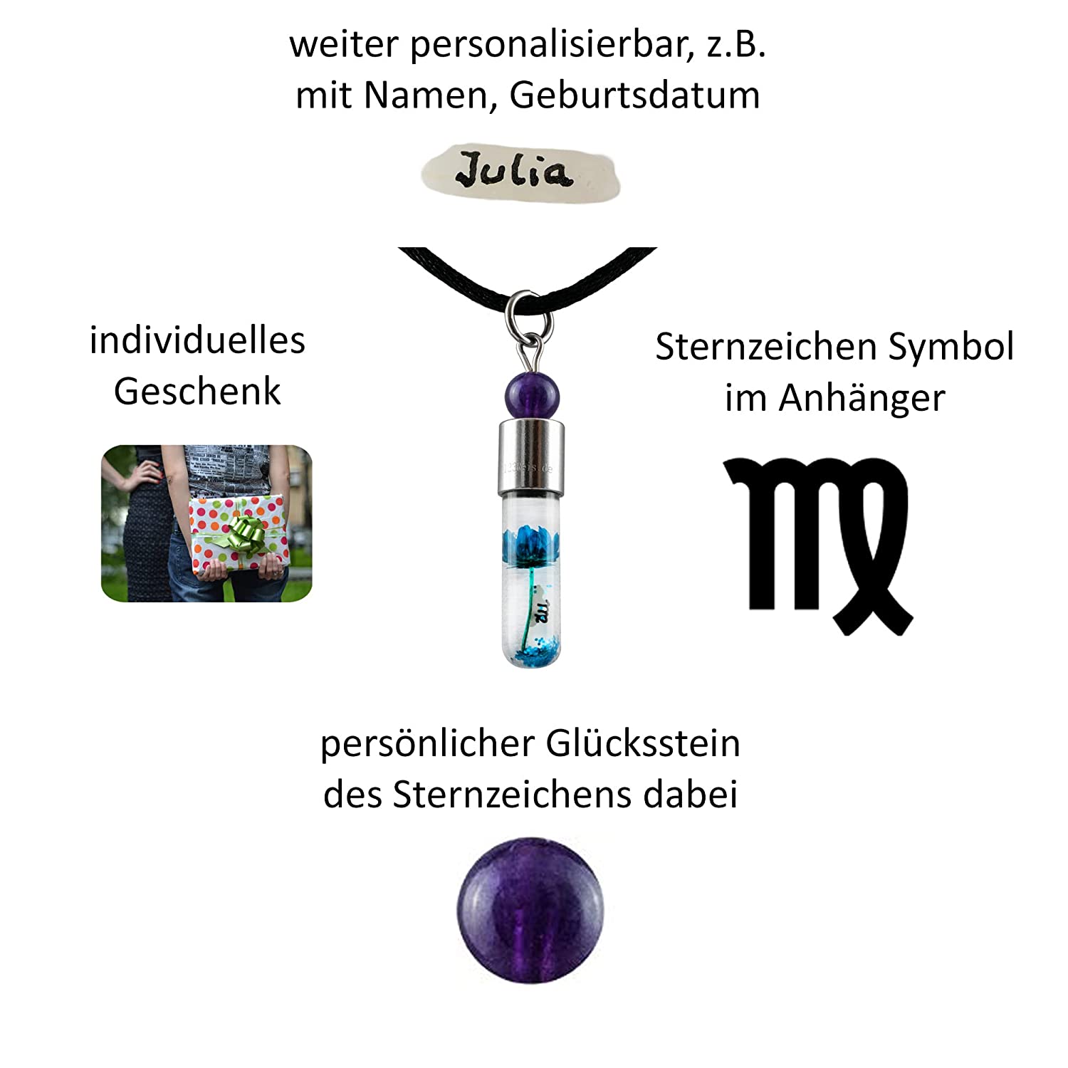 Sternzeichen Jungfrau, 24. August - 23. September, Halskette mit Glückstein Amethyst und Sternzeichensymbol