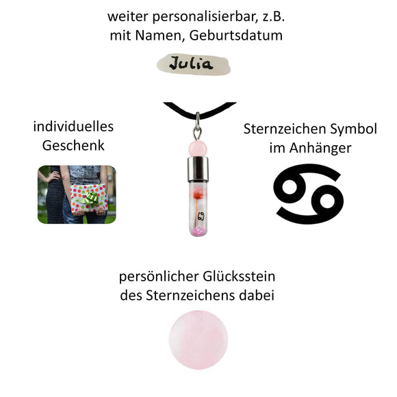 Sternzeichen Krebs, 22. Juni - 22. Juli, Halskette mit Glückstein Rosenquarz und Sternzeichensymbol