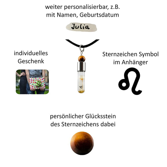 Sternzeichen Löwe, 23. Juli - 23. August, Halskette mit Glückstein Tigerauge und Sternzeichensymbol