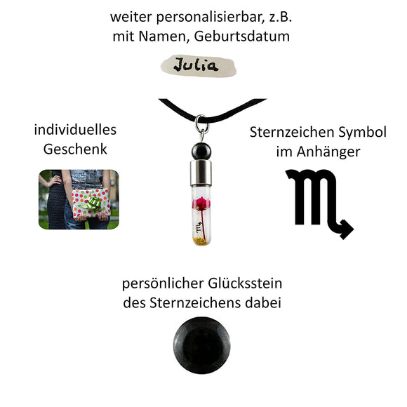 Sternzeichen Skorpion, 24. Oktober - 22. November, Halskette mit Glückstein Obsidian und Sternzeichensymbol