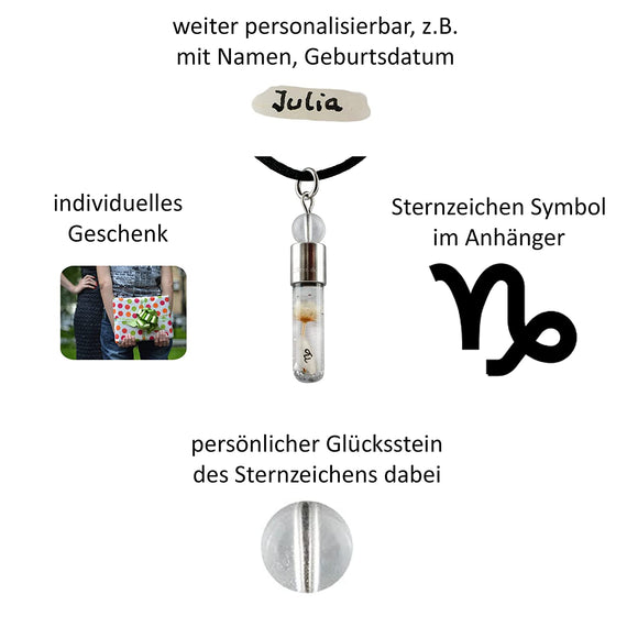 Sternzeichen Steinbock, 22.Dezember - 20. Januar, Halskette mit Glückstein Bergkristall und Sternzeichensymbol