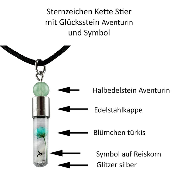 Sternzeichen Stier, 21. April - 20. Mai, Halskette mit Glückstein Aventurin und Sternzeichensymbol