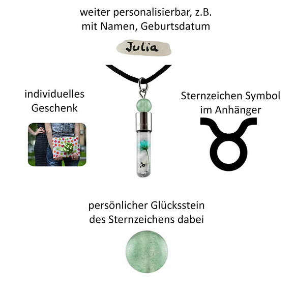 Sternzeichen Stier, 21. April - 20. Mai, Halskette mit Glückstein Aventurin und Sternzeichensymbol