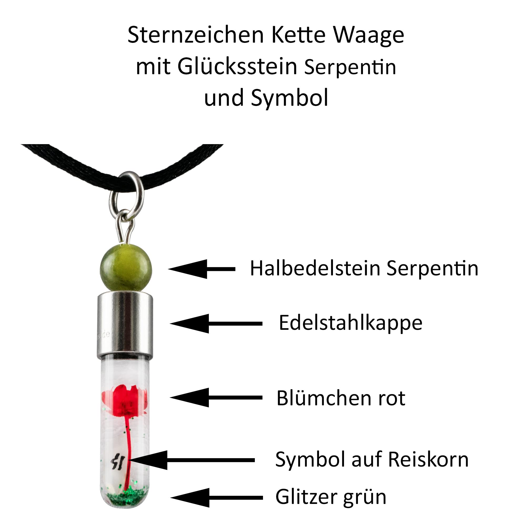 Sternzeichen Waage, 24. September - 23. Oktober, Halskette mit Glückstein Serpentin und Sternzeichensymbol-2