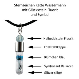Sternzeichen Wassermann, 21. Januar - 19. Februar, Halskette mit Glücksstein Fluorit und Sternzeichensymbol - 0