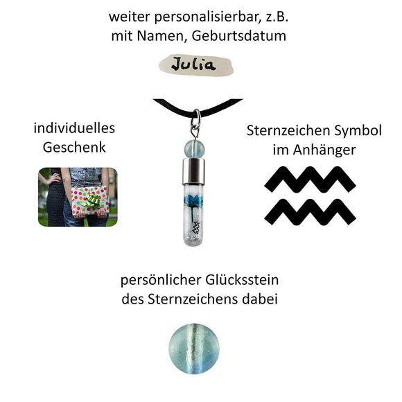 Sternzeichen Wassermann, 21. Januar - 19. Februar, Halskette mit Glücksstein Fluorit und Sternzeichensymbol