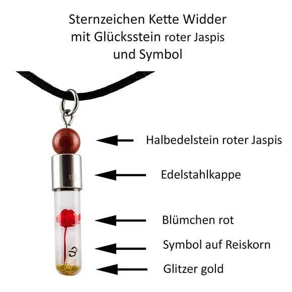 Sternzeichen Widder, 21. März - 20. April, Halskette mit Glücksstein roter Jaspis und Sternzeichensymbol