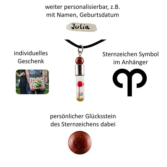Sternzeichen Widder, 21. März - 20. April, Halskette mit Glücksstein roter Jaspis und Sternzeichensymbol