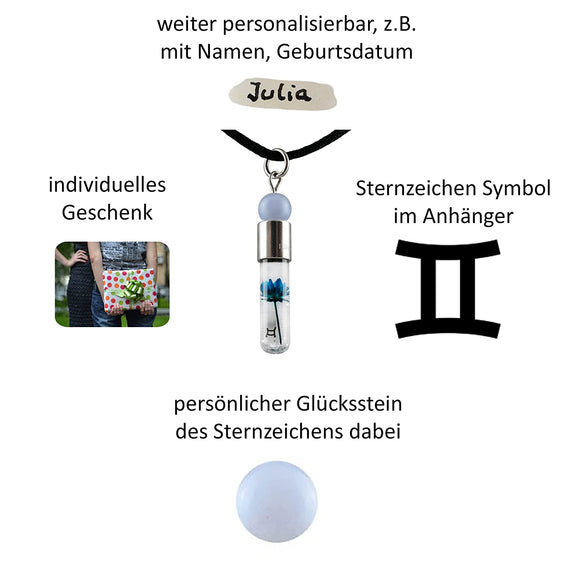Sternzeichen Zwilling, 21. Mai - 21. Juni, Halskette mit Glücksstein Chalcedon und Sternzeichensymbol